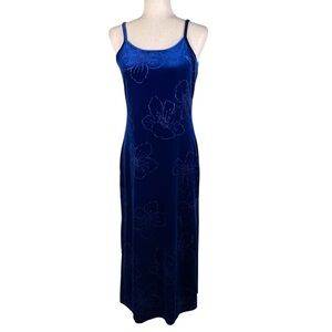 Vintage 90s Y2K Blue Velvet Flower Maxi Slip Dress Whimsigoth Fairycore Medium